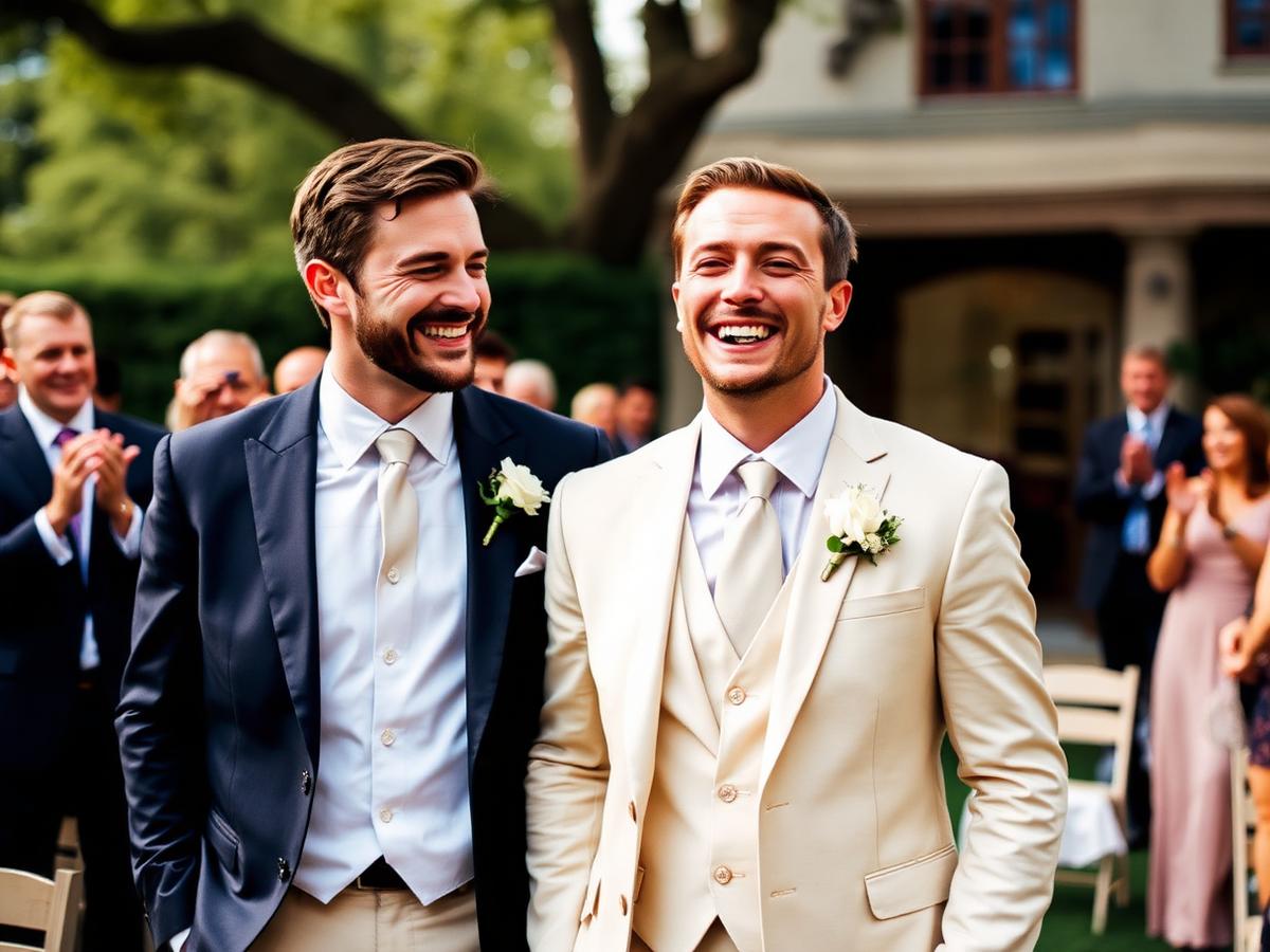 Pareja celebrando su boda rodeada de invitados